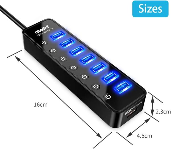 Powered USB Hub 3.0, Atolla 7-Port USB Data Hub Splitter with One Smart Charging Port and Individual On/Off Switches and 5V/4A Power Adapter USB Extension for MacBook, Mac Pro/Mini and More. - Image 6