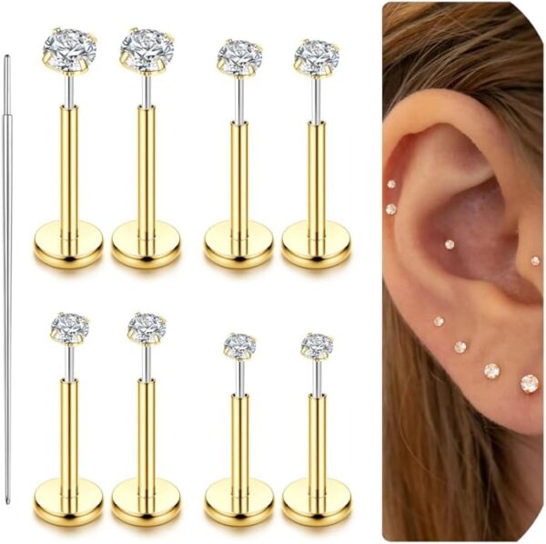 LOLIAS 14K Gold Filled Threadless Nose Studs CZ Nose Rings for Women Men 316L Surgical Steel Labret Studs Lip Rings Push in Flat Back Stud Earrings CZ Nose Nostril Tragus Helix Piercing Jewelry Hypoallergenic 20G 18G 16G