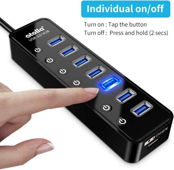 Powered USB Hub 3.0, Atolla 7-Port USB Data Hub Splitter with One Smart Charging Port and Individual On/Off Switches and 5V/4A Power Adapter USB Extension for MacBook, Mac Pro/Mini and More. - Image 3