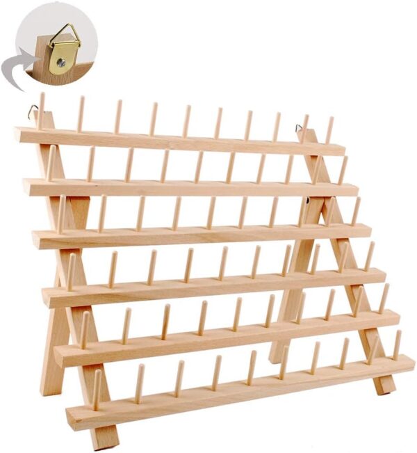 NW 60-Spools Wooden Thread Holder Sewing and Embroidery Thread Rack and Organizer Thread Rack for Sewing with Hanging Hooks - Image 3