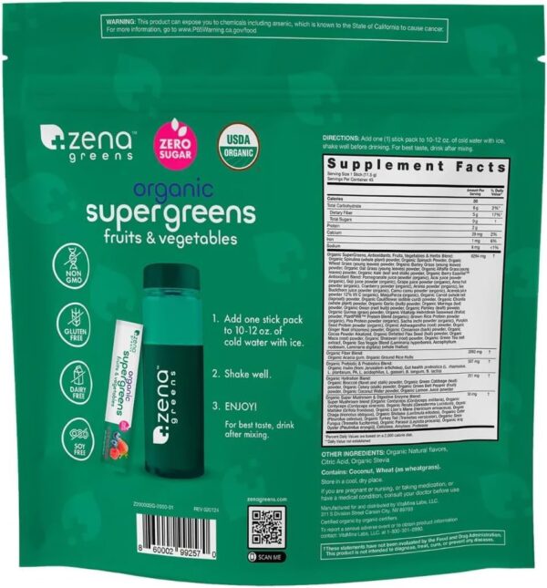 Zena Greens Organic Superfood Blend | Probiotics, Antioxidants, Hydration | 10g Superfoods, 5g Fiber | 70+ Superfoods | 45 Stick Packs - Image 3