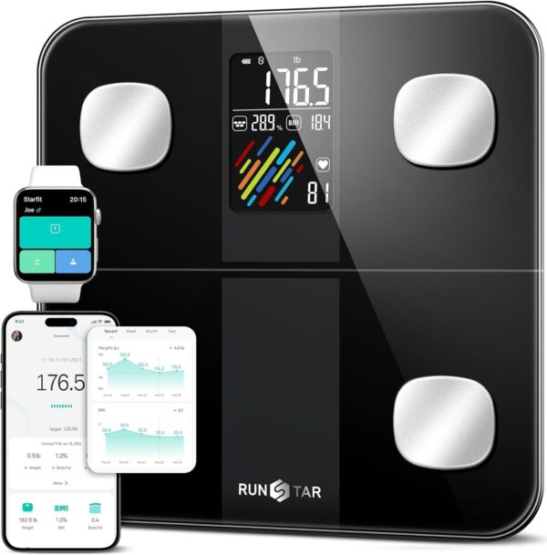 Runstar Smart Scale for Body Weight and Fat Percentage, High Accuracy Digital Bathroom Scale with Large Display for BMI Heart Rate 15 Body Composition Analyzer Sync with Fitness App 400lb