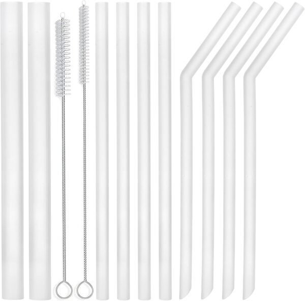 ALINK 10-Pack Clear Reusable Silicone Straws, 2 Large Silicone Boba Straws, 8 Long Smoothie Straws for 30 oz 20 oz Tumblers, Milkshakes, Bubble Tea, Tapioca Pearl With 2 Brush and Case, 10 Inch