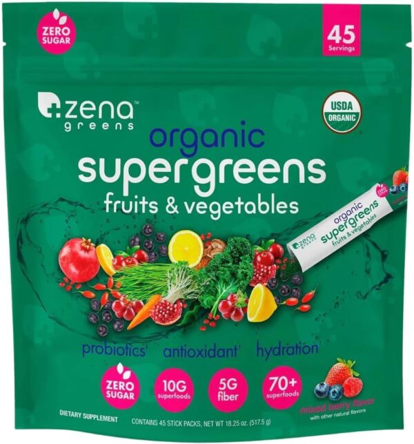 Zena Greens Organic Superfood Blend | Probiotics, Antioxidants, Hydration | 10g Superfoods, 5g Fiber | 70+ Superfoods | 45 Stick Packs