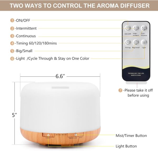 Aromatherapy Essential Oil Diffuser for Room: Oil Diffuser Colorful Aroma Air Humidifier with Adjustable Cool Mist Mode, Waterless Auto Off Ultrasonic Diffusers for Large Small Room Home Office 500ML - Image 3