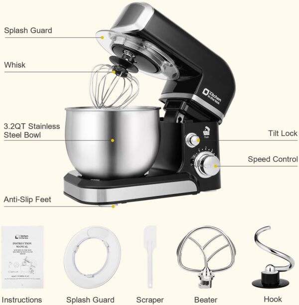 Kitchen in the box Stand Mixer,3.2Qt Small Electric Food Mixer,6 Speeds Portable Lightweight Kitchen Mixer for Daily Use with Egg Whisk,Dough Hook,Flat Beater (Black) - Image 3