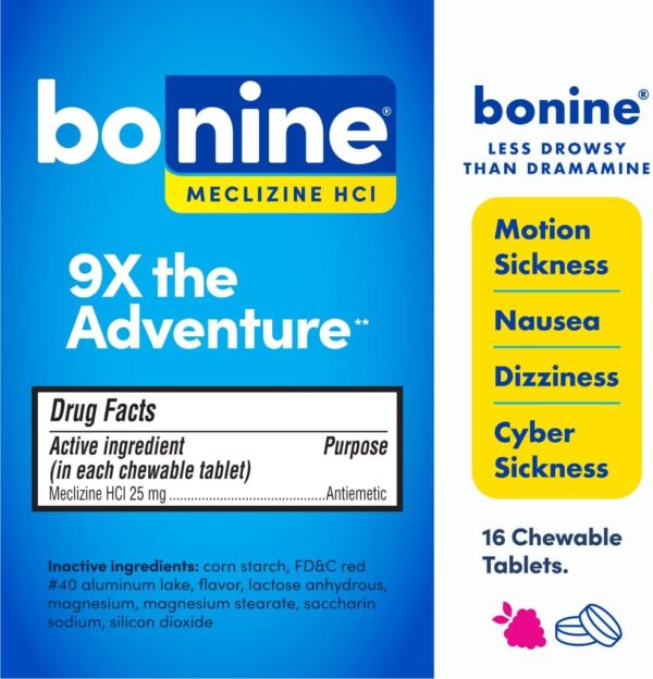 Bonine Non-Drowsy Motion Sickness Relief - 32 Chewable Tablets with Meclizine HCL 25mg - Non Drowsy Medicine for Nausea or Motion Sickness - Cruise Essentials - Raspberry Flavor - Image 3