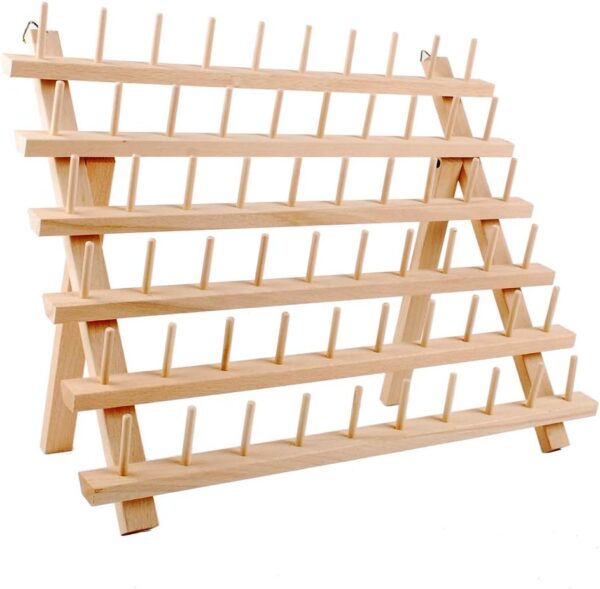 NW 60-Spools Wooden Thread Holder Sewing and Embroidery Thread Rack and Organizer Thread Rack for Sewing with Hanging Hooks