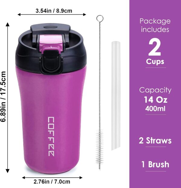 Travel Coffee Mug, 2 Pack 14 oz Vacuum Insulated Coffee Travel Mug Spill Proof with Lid and Straw, Reusable Coffee Tumbler for Keep Hot/Ice Coffee,Tea and Beer, Car Thermos Cup Gift - Image 6