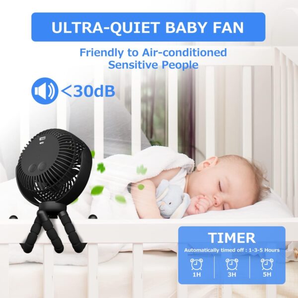 Stroller Fan - 65Hrs 12600mAh Rechargeable Fan, Timing Car Seat Fan, Portable Clip On Fan, Car Fan for Baby, Battery Operated Fan for Baby Stroller, Peloton, treadmill, Golf Cart, Beach, Bed, Dog - Image 6