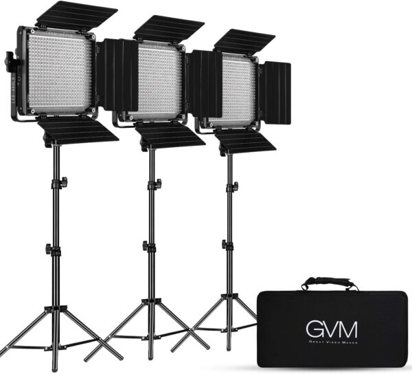 GVM 3 Pack LED Video Lighting Kits, Bi-Color Variable 2300K~6800K with Digital Display, 10~100% Brightness, CRI97+ TLCI97 Led Video Light Panel, Barndoor, App Control