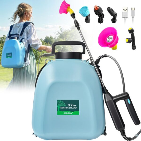 Battery Powered Sprayer 3.2 Gallon, Battery Backpack Sprayer with USB Rechargeable Handle, 5 Mist Nozzles, 32