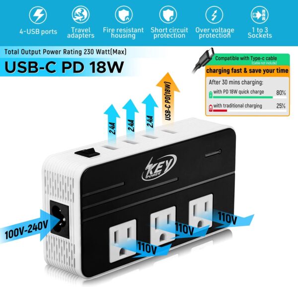 230-Watt Step Down 220V to 110V Voltage Converter & International Travel Adapter/Power Converter with USB-C Port 18W - [Use for USA Appliance Overseas in Europe, AU, UK, Ireland, etc.] - Image 3