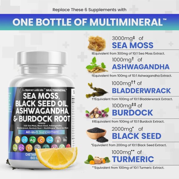 Sea Moss 3000mg Black Seed Oil 2000mg Ashwagandha 1000mg Turmeric 1000mg Bladderwrack 1000mg Burdock 1000mg & Vitamin C & D3 with Elderberry Manuka Dandelion Yellow Dock Iodine Chlorophyll ACV - Image 5