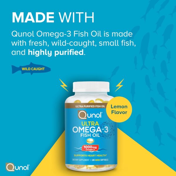 Qunol Fish Oil Omega 3 Mini Softgels, 1000mg Omega 3 EPA + DHA, Ultra Pure Supplements, Heart Health Support, Lemon Flavor, Easy to Swallow Minis, 3 Month Supply, 180 Count - Image 3