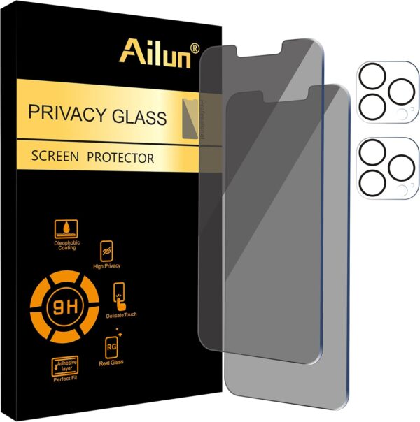 Ailun 2Pack Privacy Screen Protector for iPhone 13 Pro Max [6.7 inch] + 2 Pack Camera Lens Protector, Anti Spy Private Tempered Glass Film, [9H Hardness] - HD [Black][4 Pack]