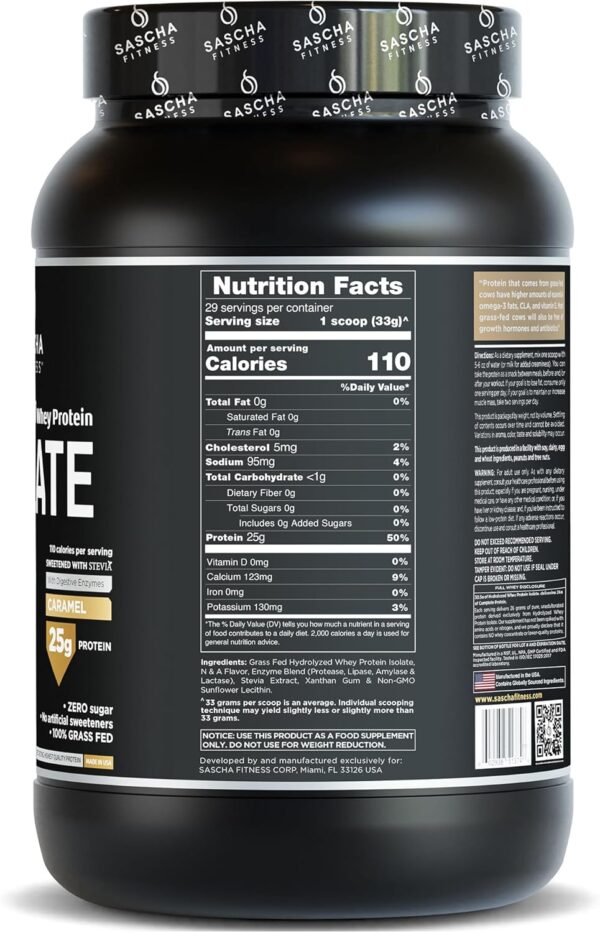 SASCHA FITNESS Hydrolyzed Whey Protein Isolate,100% Grass-Fed (2.11 Pounds) (Caramel Flavor) - Image 2