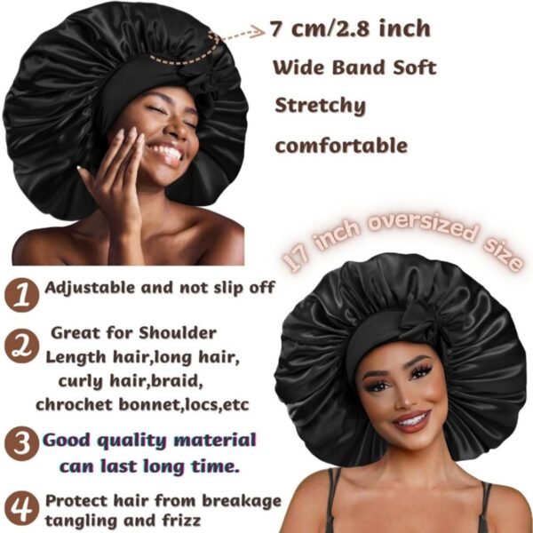 Satin Bonnet Silk for Hair Sleeping: Women Tie Bonnets Adjustable Night Cap Jumbo Size Comfortable Wide Band for Braids Curly Long Hair (Black) - Image 3