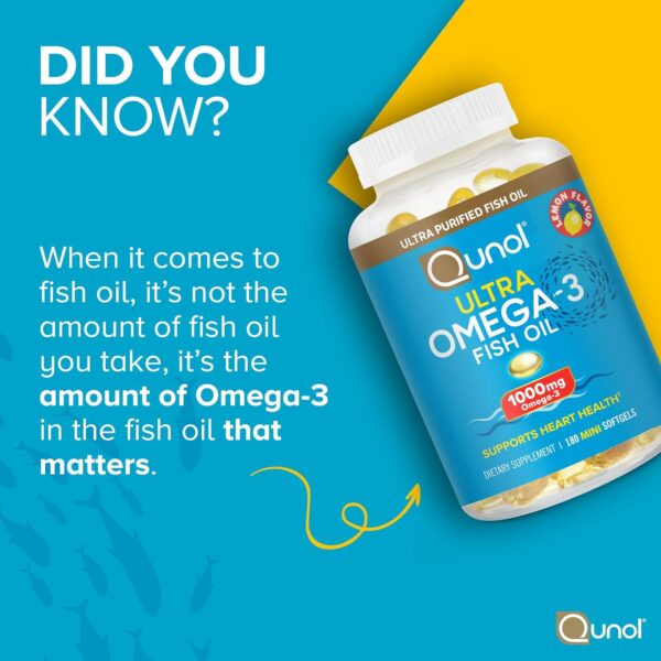 Qunol Fish Oil Omega 3 Mini Softgels, 1000mg Omega 3 EPA + DHA, Ultra Pure Supplements, Heart Health Support, Lemon Flavor, Easy to Swallow Minis, 3 Month Supply, 180 Count - Image 5