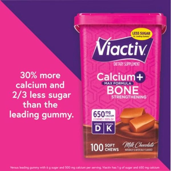 Viactiv Calcium +Vitamin D3 Supplement Soft Chews, Milk Chocolate, 100 Chews - Calcium Dietary Supplement for Bone Health - Image 2