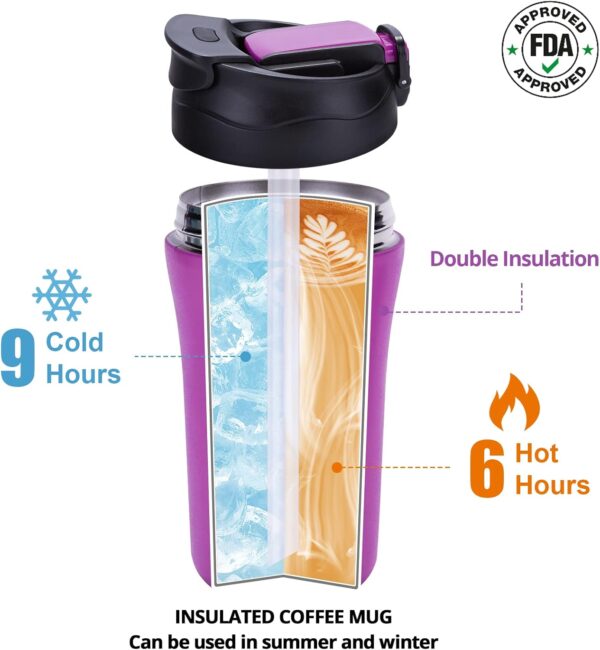 Travel Coffee Mug, 2 Pack 14 oz Vacuum Insulated Coffee Travel Mug Spill Proof with Lid and Straw, Reusable Coffee Tumbler for Keep Hot/Ice Coffee,Tea and Beer, Car Thermos Cup Gift - Image 4