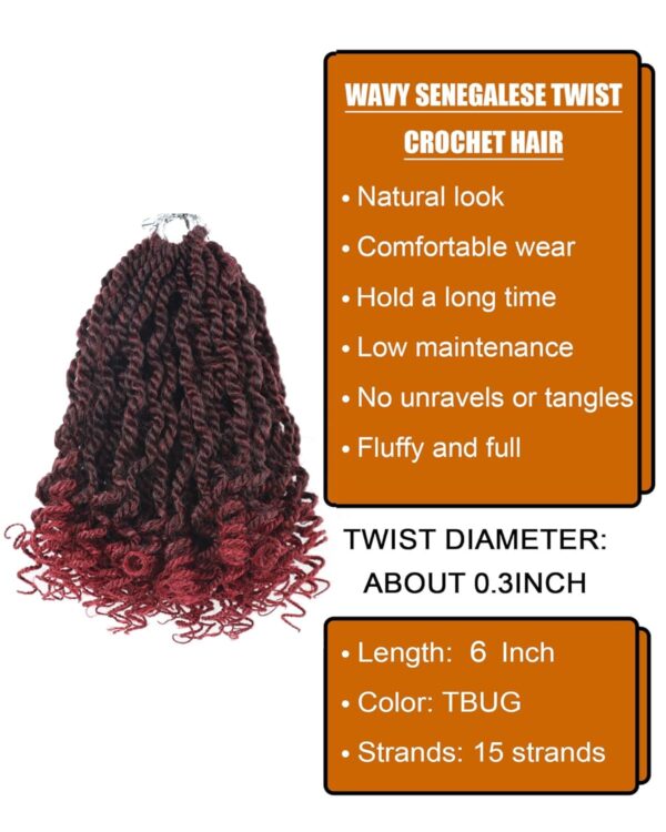 Short Burgundy Crochet Hair 6 Inch Wavy Senegalese Twist Crochet Hair 8 Packs Kinky Twist Crochet Hair Pre Looped Crochet Braids with Curly Ends (6 Inch,Tbug) - Image 2