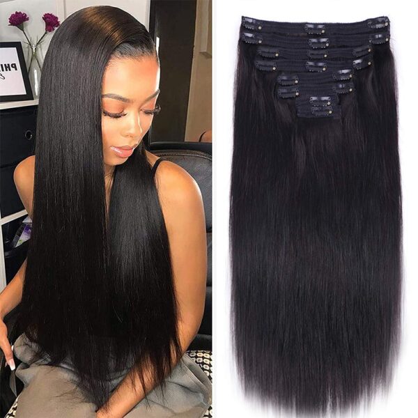 Nvnvdij Straight Clip in Hair Extensions Human Hair 8pcs Per Set with 18Clips Double Weft Clip in Human Hair Extensions Natural Black Color For Women (14 Inch, Straight Hair)