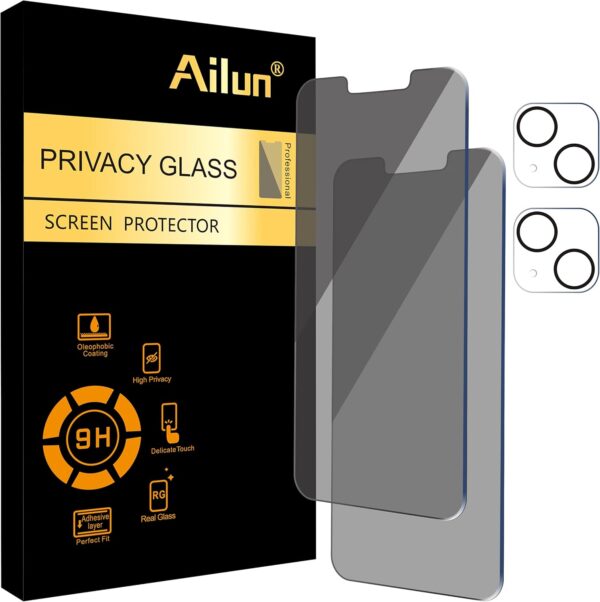 Ailun 2Pack Privacy Screen Protector for iPhone 13 [6.1 inch] + 2 Pack Camera Lens Protector, Anti Spy Private Tempered Glass Film,[9H Hardness] - HD [4 Pack]