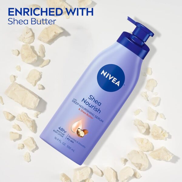 NIVEA Shea Nourish Body Lotion, 48-Hour Moisturizing Shea Butter Lotion for Dry Skin with Deep Nourishing Serum, 16.9 Fl Oz Pump Bottle - Image 3