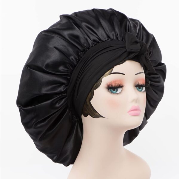 Satin Bonnet Silk for Hair Sleeping: Women Tie Bonnets Adjustable Night Cap Jumbo Size Comfortable Wide Band for Braids Curly Long Hair (Black) - Image 2