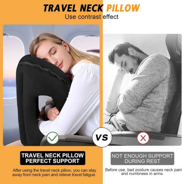 Inflatable Travel Pillow,Multifunction Travel Neck Pillow for Airplane to Avoid Neck and Shoulder Pain,Support Head,Neck,Used for Sleeping Rest, Airplane and Home Use,with Eye Mask, Earplugs, Black - Image 2