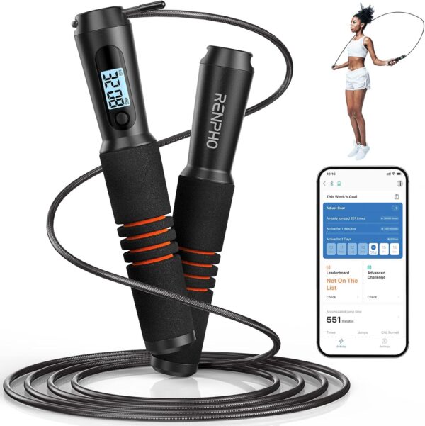 RENPHO Smart Jump Rope - APP Data Storage & Tracking & Analysis, Tangle-Free Jumping Rrope for Men, Women, Skipping Rope with Counter, Adjustable workout Jump Ropes for Crossfit, Gym, MMA