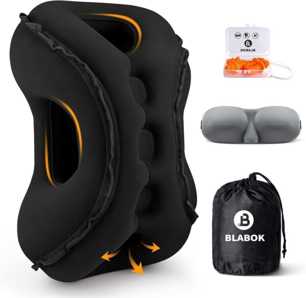 Inflatable Travel Pillow,Multifunction Travel Neck Pillow for Airplane to Avoid Neck and Shoulder Pain,Support Head,Neck,Used for Sleeping Rest, Airplane and Home Use,with Eye Mask, Earplugs, Black