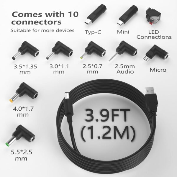 IBERLS USB to DC 5V Power Cable, Universal 5.5 x 2.1mm Charging Cord Camera MP3 MP4, with 10 Connector Plug Jack 5.5x2.5, 4.8x1.7, 4.0x1.7, 4.0x1.35, 3.5x1.35, 3.0x1.1, 2.5x0.7, Micro USB, Type-C - Image 4