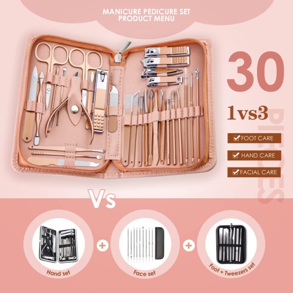 WOAMA Manicure Set Pedicure Kit - 30 in 1 Nail Kit Professional Stainless Steel Nail Care Kit for Women - Pink - Image 2