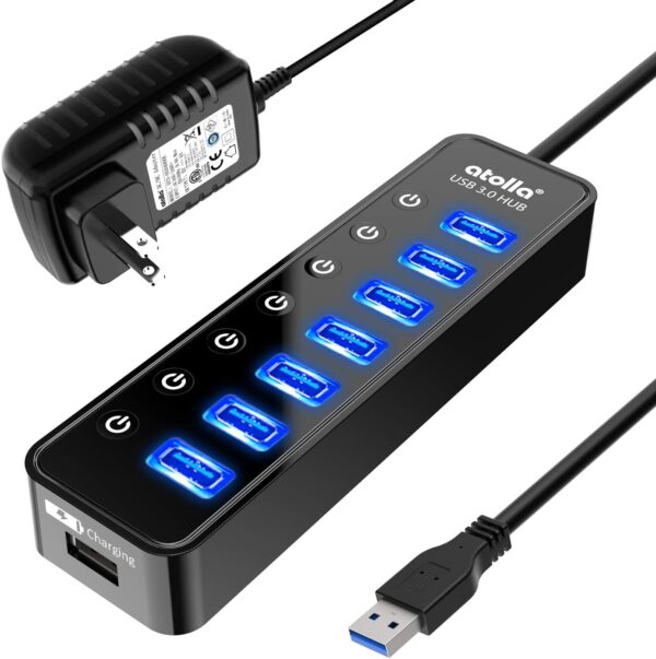 Powered USB Hub 3.0, Atolla 7-Port USB Data Hub Splitter with One Smart Charging Port and Individual On/Off Switches and 5V/4A Power Adapter USB Extension for MacBook, Mac Pro/Mini and More.