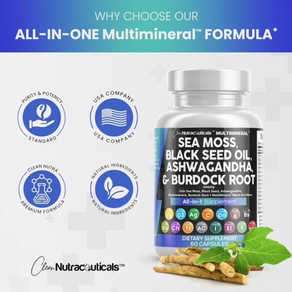 Sea Moss 3000mg Black Seed Oil 2000mg Ashwagandha 1000mg Turmeric 1000mg Bladderwrack 1000mg Burdock 1000mg & Vitamin C & D3 with Elderberry Manuka Dandelion Yellow Dock Iodine Chlorophyll ACV - Image 3