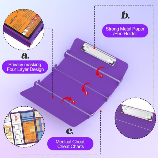 Nursing Clipboard Foldable-4 Layers Aluminum Folding Nurse Clipboards Pocket Size,Foldable Clipboard with Nursing Medical Edition Cheat Sheets Clip Board for Nurses Students and Doctors(Purple) - Image 3