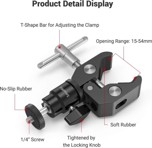 SmallRig Super Clamp Mount with Mini Ball Head Mount, Hot Shoe Adapter with 1/4 Screw for LCD Field Monitor, LED Lights, Flash, Microphone, for Gopro, for DJI Action 2, for Insta360-1124 - Image 5