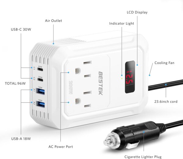 BESTEK 200W Car Power Inverter - DC 12V to 110V AC Converter with 2 USB-C(30W) and 2 USB-QC(18W) - Fast Car Charger Adapter with LCD Screen, Dual AC Adapter for Laptops - Image 4