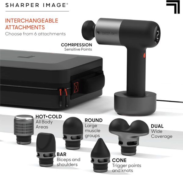 Sharper Image® Powerboost® Pro+ Hot & Cold Percussion Massager, Dual-Temperature Node, Soothing Heat & Cold Therapy, 6 Speed, 6 Attachments, Lightweight Portable Athlete Recovery, Travel Case - Image 3