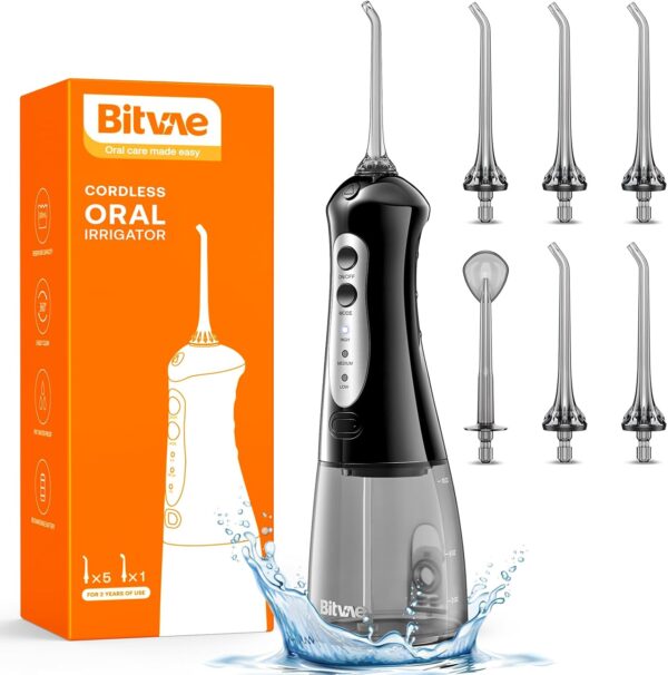 Bitvae Water Flossers for Teeth, Cordless Water Dental Pick with 6 Jet Tips & 3 Modes for All Oral Care, Ultra-fine 0.06mm Water Stream Precise for Teeth Cleaning and flossing, Easy to Use, Black