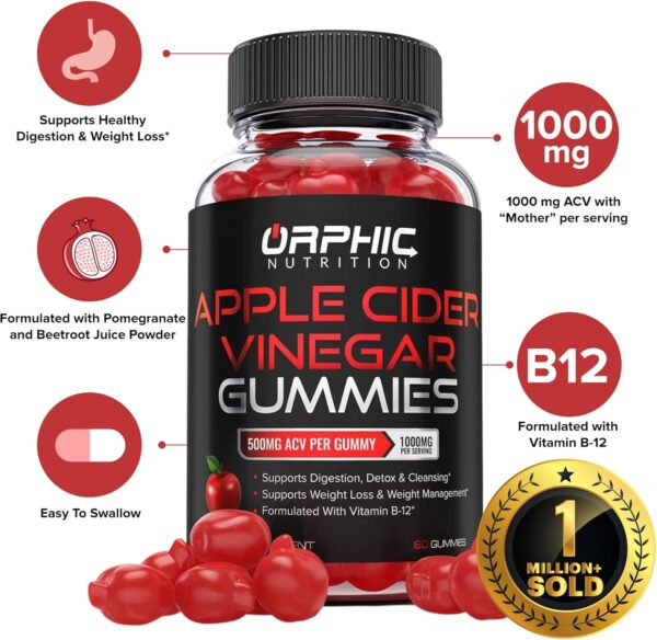 Apple Cider Vinegar Gummies - 1000mg - Formulated to Support Normal Energy Levels & Gut Health - Supports Digestion, Detox & Cleansing - ACV Gummies W/VIT B12, Beetroot (120 Gummies) - Image 2