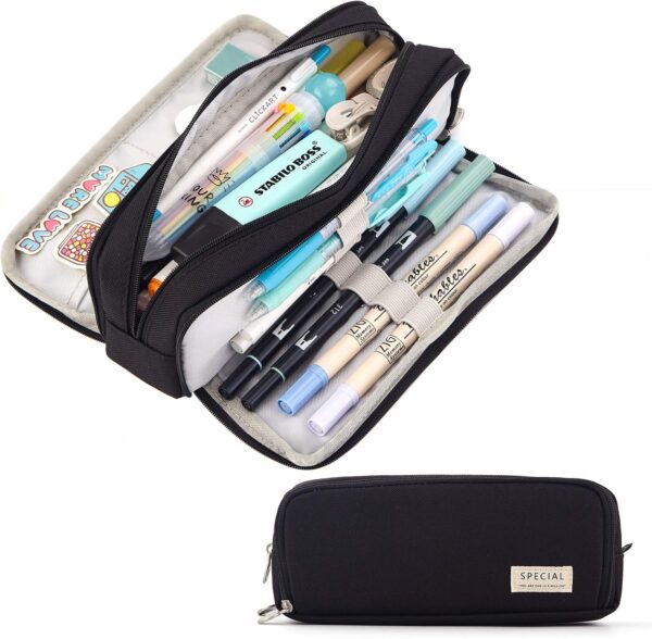 CICIMELON Large Capacity Pencil Case 3 Compartment Pouch Pen Bag for School Teen Girl Boy Men Women (Black)