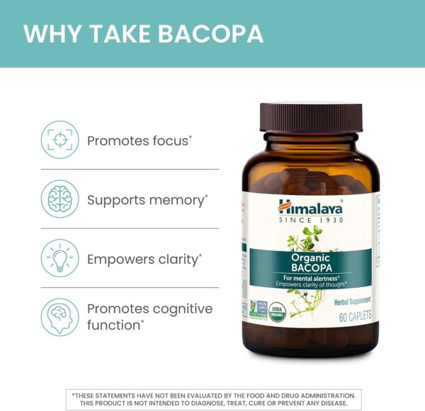 Himalaya Organic Bacopa Monnieri Nootropic Herbal Supplement, Mental Alertness, Supports Calm, Memory, Cognition, USDA Certified Organic, Non-GMO, 750 mg, 30 Plant-Based Caplets, 30 Day Supply - Image 4