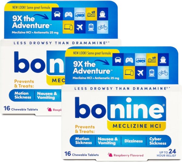 Bonine Non-Drowsy Motion Sickness Relief - 32 Chewable Tablets with Meclizine HCL 25mg - Non Drowsy Medicine for Nausea or Motion Sickness - Cruise Essentials - Raspberry Flavor