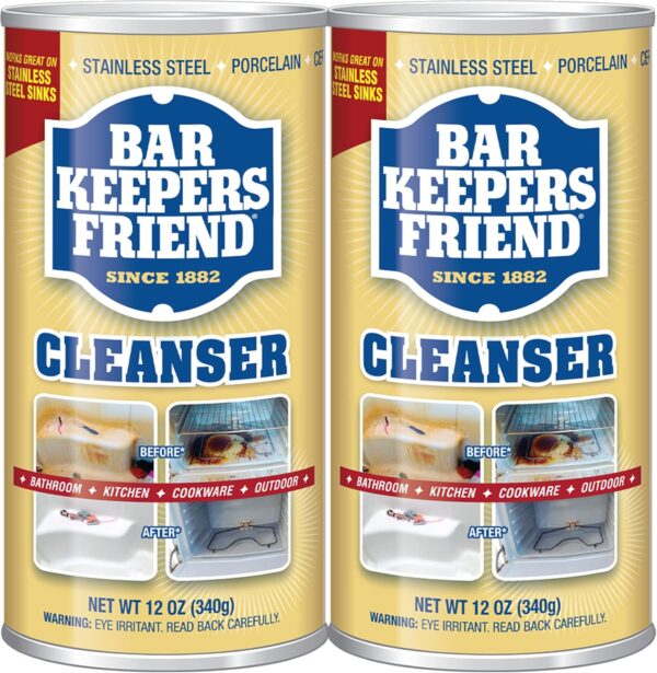 Bar Keepers Friend Powder Cleanser (2 x 12 oz) Multipurpose Cleaner, Stain & Rust Remover for Bathroom, Kitchen & Outdoor Use on Stainless Steel, Aluminum, Brass, Tile, Ceramic, Porcelain & More