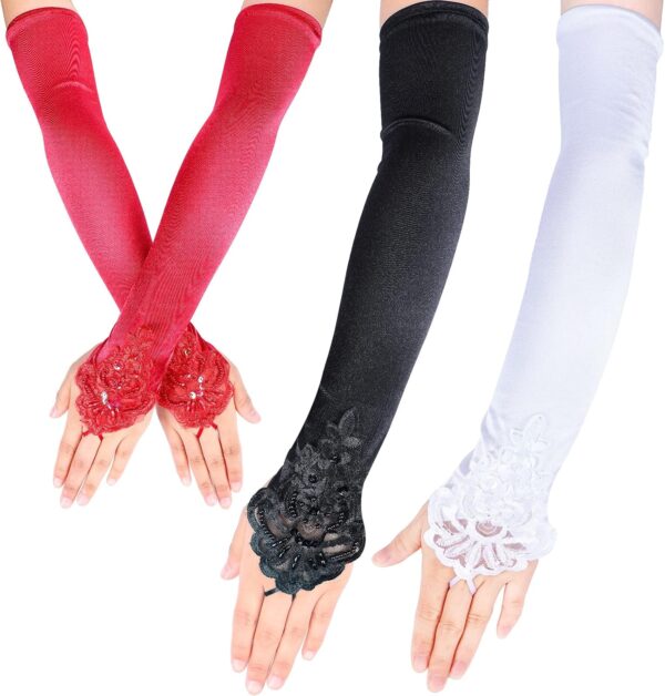 3 Pairs Fingerless Gloves Long Flapper Evening Opera Satin Gloves 1920s Accessories for Women Halloween Red Gloves Wedding White Gloves Black Gloves Flapper Accessories