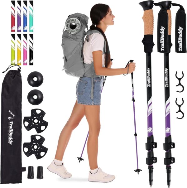 TrailBuddy Trekking Poles - Lightweight, Collapsible Hiking Poles for Backpacking Gear - Pair of 2 Walking Sticks for Hiking, 7075 Aluminum with Cork Grip