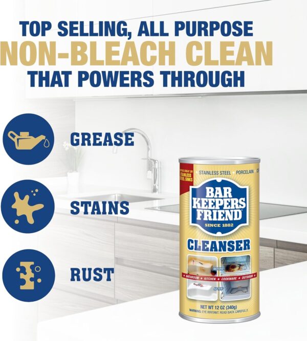 Bar Keepers Friend Powder Cleanser (2 x 12 oz) Multipurpose Cleaner, Stain & Rust Remover for Bathroom, Kitchen & Outdoor Use on Stainless Steel, Aluminum, Brass, Tile, Ceramic, Porcelain & More - Image 2